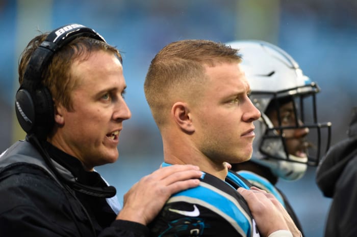 Dec 29, 2019; Charlotte, North Carolina, USA; Carolina Panthers running back Christian McCaffrey (22) with running backs coach Jake Peetz on the sidelines in the fourth quarter at Bank of America Stadium. Mandatory Credit: Bob Donnan-USA TODAY Sports